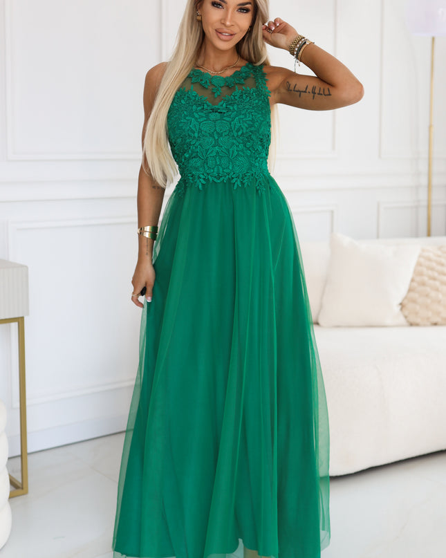 672-3 Romantic maxi wedding dress with embroidered lace and tulle - green