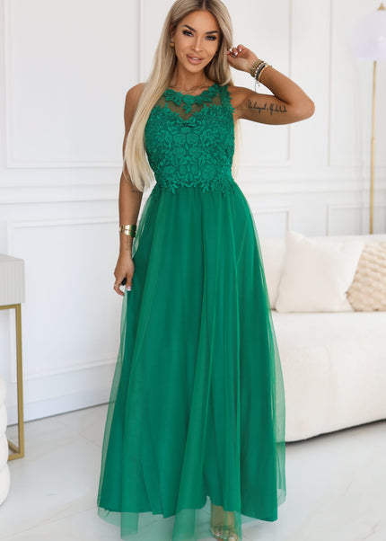 672-3 Romantic maxi wedding dress with embroidered lace and tulle - green
