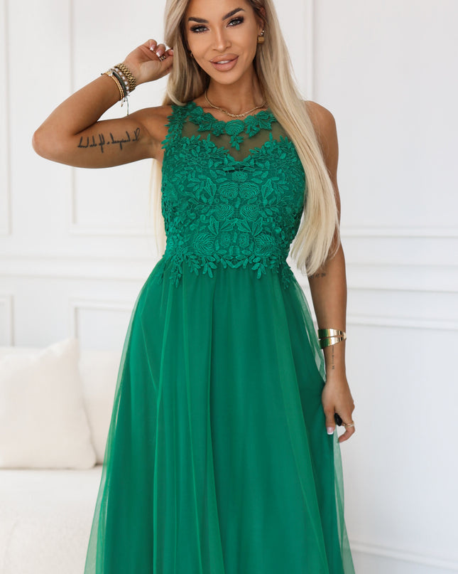 672-3 Romantic maxi wedding dress with embroidered lace and tulle - green