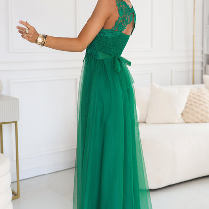 672-3 Romantic maxi wedding dress with embroidered lace and tulle - green