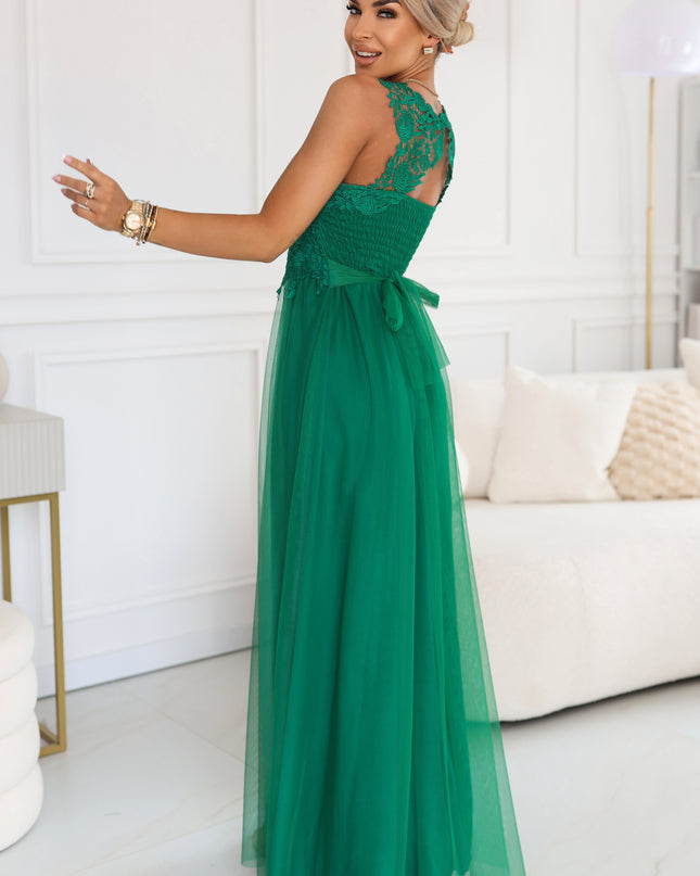 672-3 Romantic maxi wedding dress with embroidered lace and tulle - green