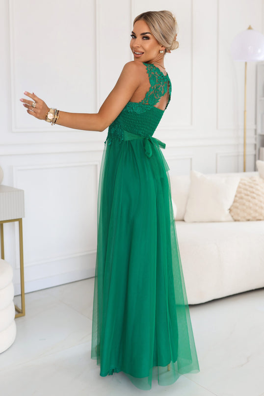 672-3 Romantic maxi wedding dress with embroidered lace and tulle - green