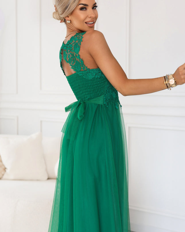 672-3 Romantic maxi wedding dress with embroidered lace and tulle - green