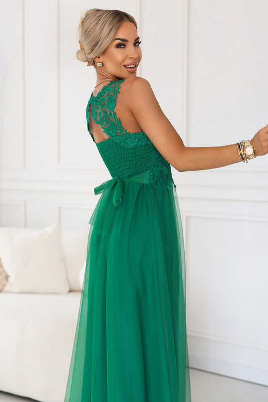 672-3 Romantic maxi wedding dress with embroidered lace and tulle - green