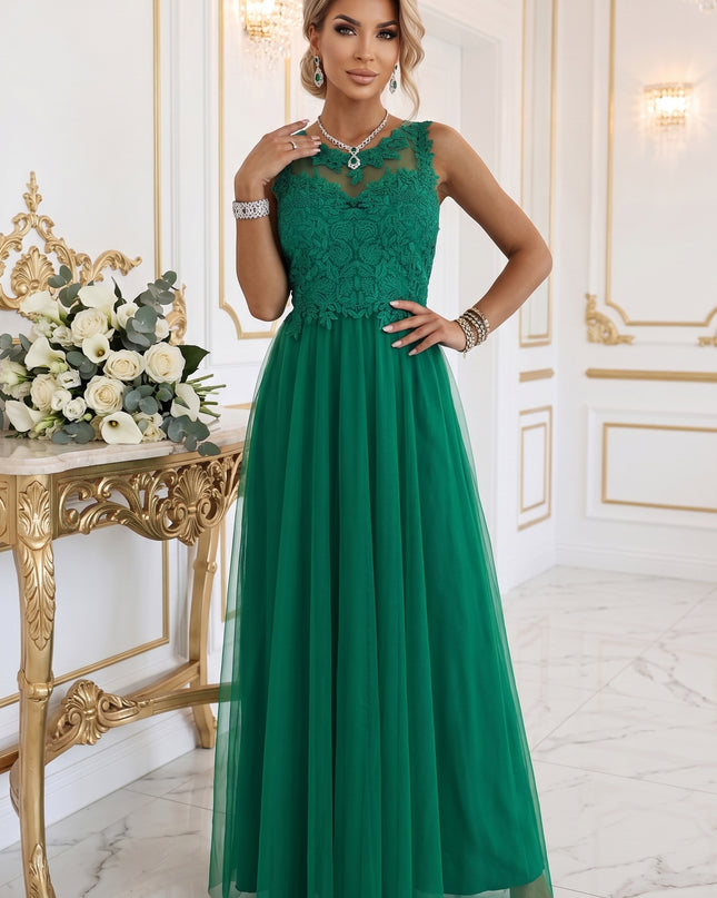 672-3 Romantic maxi wedding dress with embroidered lace and tulle - green