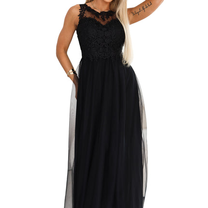 21607-7-672-4 Romantic maxi dress with embroidered lace and tulle - black-7