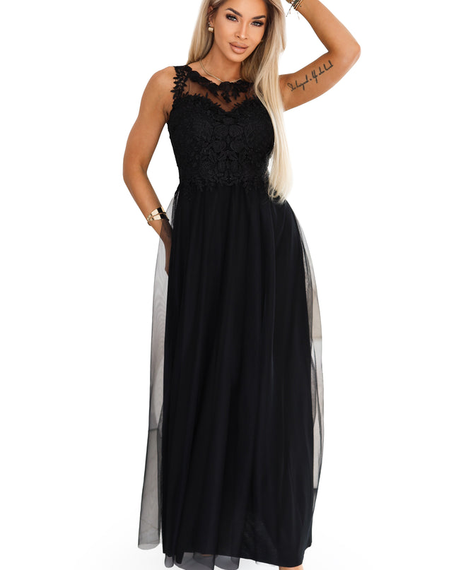 672-4 Romantic maxi dress with embroidered lace and tulle - black