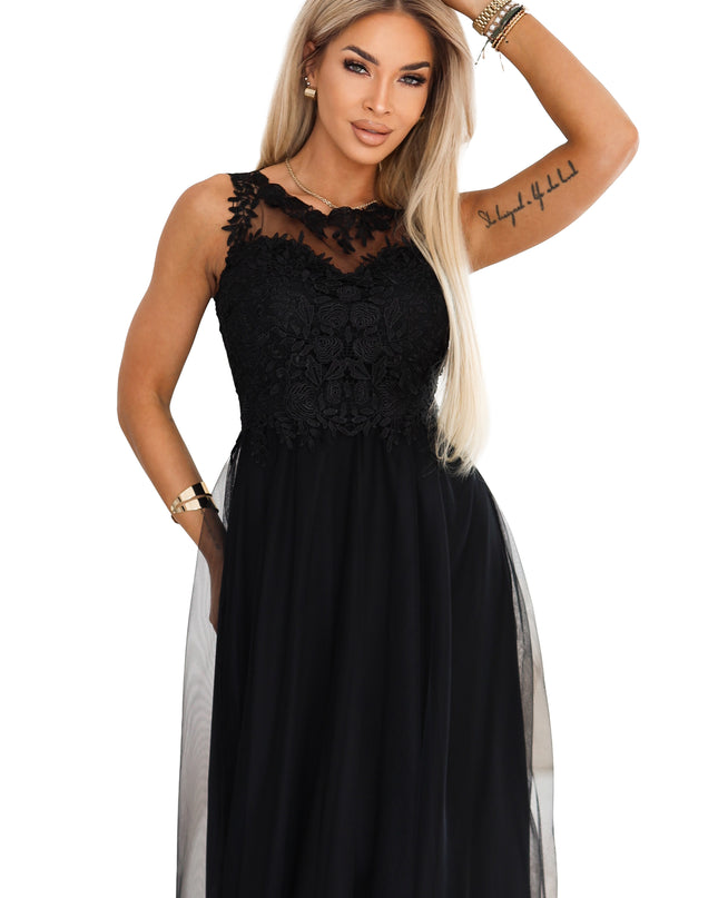672-4 Romantic maxi dress with embroidered lace and tulle - black