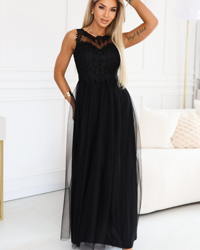 672-4 Romantic maxi dress with embroidered lace and tulle - black