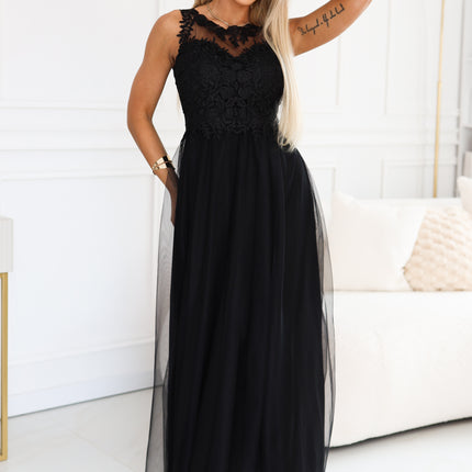 21607-1-672-4 Romantic maxi dress with embroidered lace and tulle - black-1