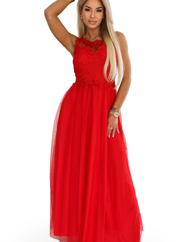 672-5 Romantic maxi wedding dress with embroidered lace and tulle - red