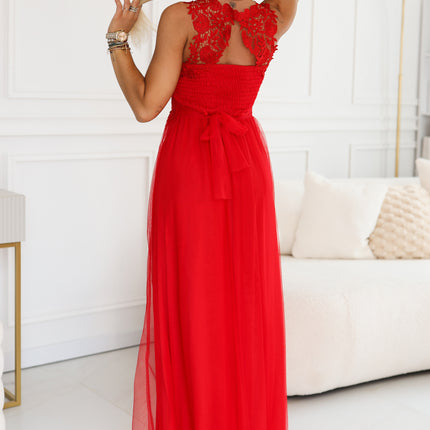 672-5 Romantic maxi wedding dress with embroidered lace and tulle - red
