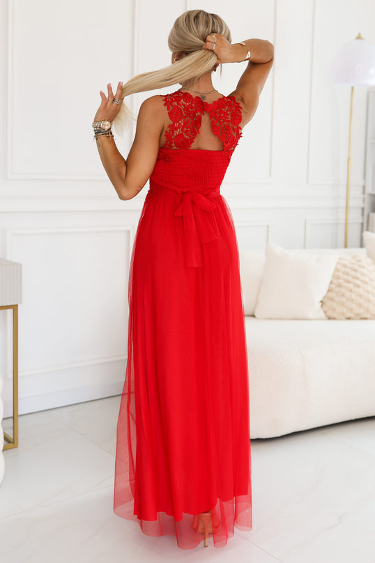 672-5 Romantic maxi wedding dress with embroidered lace and tulle - red