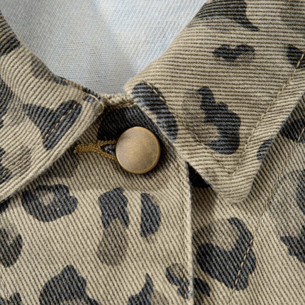 Khaki Retro Leopard Print Seam Detail Button Down Denim Jacket
