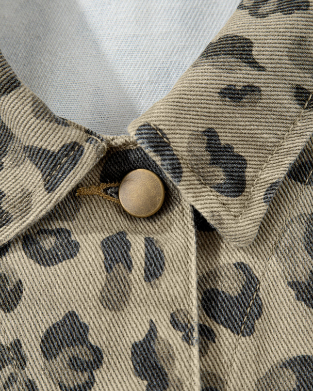 Khaki Retro Leopard Print Seam Detail Button Down Denim Jacket