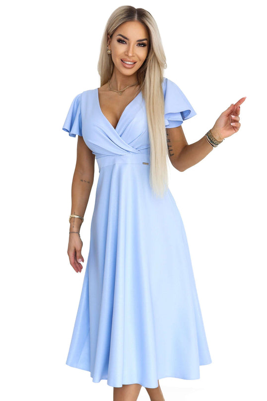 675-1 Flared midi dress with a wrap neckline and glitter sheen - sky blue