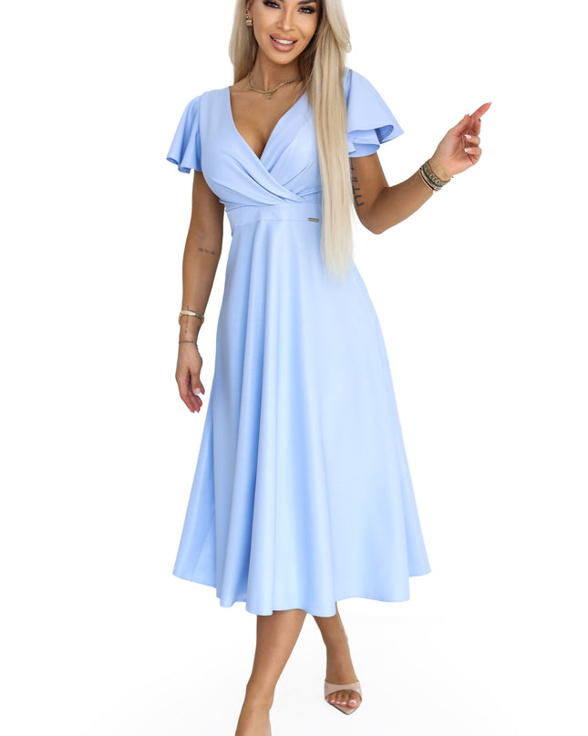 675-1 Flared midi dress with a wrap neckline and glitter sheen - sky blue