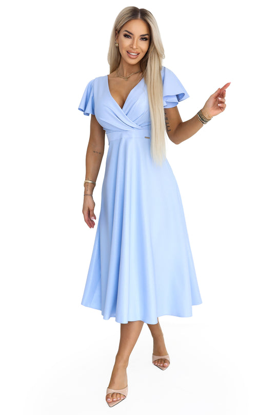 675-1 Flared midi dress with a wrap neckline and glitter sheen - sky blue