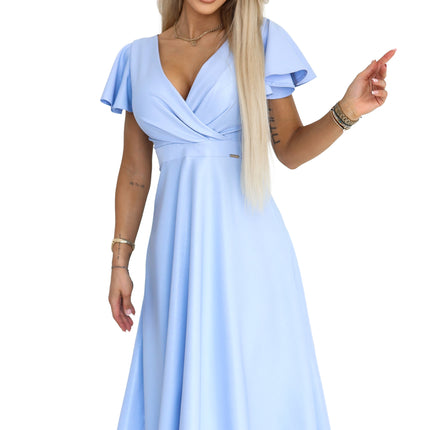 21596-8-675-1 Flared midi dress with a wrap neckline and glitter sheen - sky blue-8