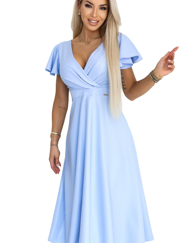 675-1 Flared midi dress with a wrap neckline and glitter sheen - sky blue