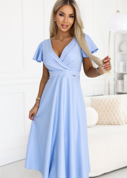 675-1 Flared midi dress with a wrap neckline and glitter sheen - sky blue
