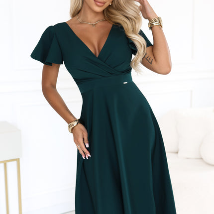 675-2 Flared midi dress with a wrap neckline and short sleeve - green