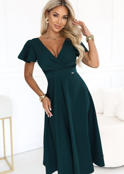 675-2 Flared midi dress with a wrap neckline and short sleeve - green