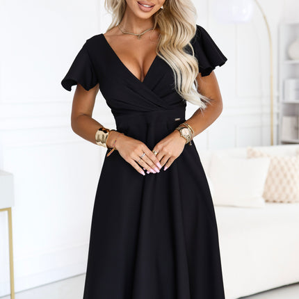 22144-1-675-5 Flared midi dress with a wrap neckline and short sleeve - black-1