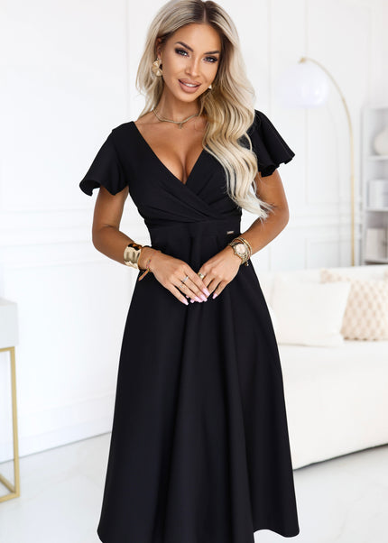 22144-1-675-5 Flared midi dress with a wrap neckline and short sleeve - black-1