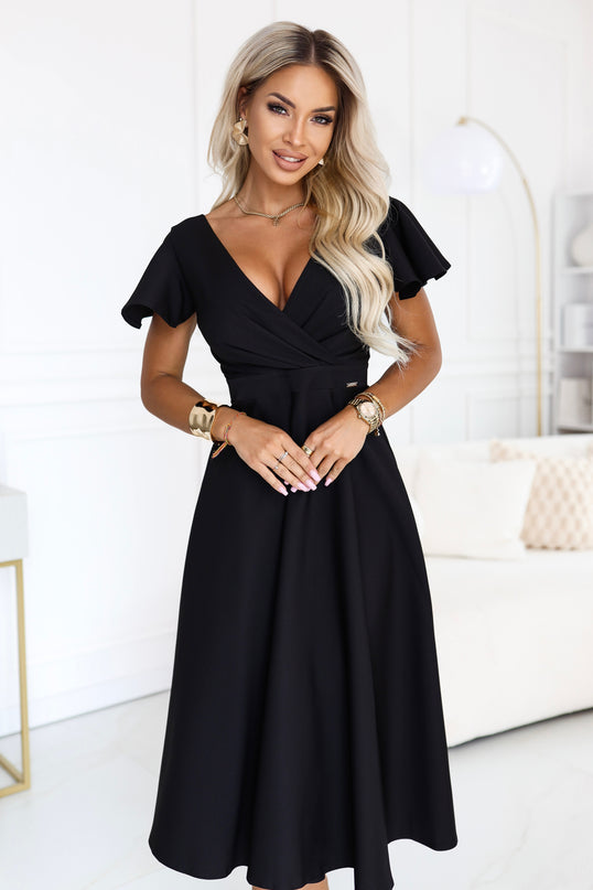 22144-1-675-5 Flared midi dress with a wrap neckline and short sleeve - black-1