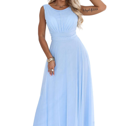 678-1 ELIRA Long tulle maxi dress with a round neckline - sky blue