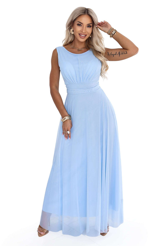 678-1 ELIRA Long tulle maxi dress with a round neckline - sky blue