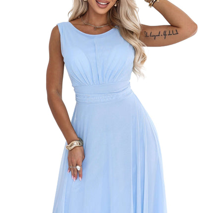 678-1 ELIRA Long tulle maxi dress with a round neckline - sky blue