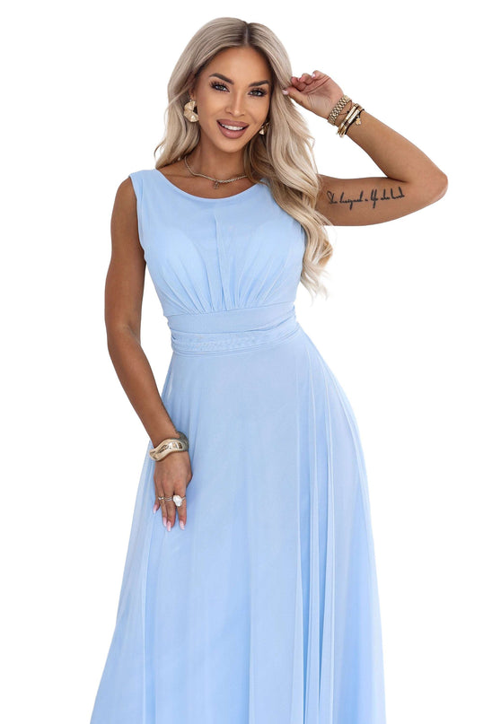 678-1 ELIRA Long tulle maxi dress with a round neckline - sky blue