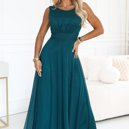 678-2 ELIRA Long tulle maxi dress with round neckline - bottle green
