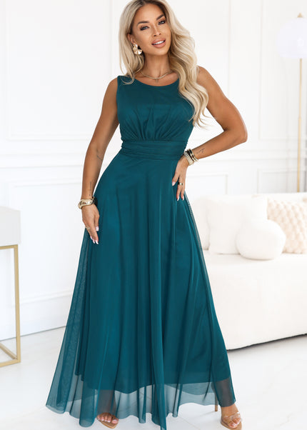 678-2 ELIRA Long tulle maxi dress with round neckline - bottle green