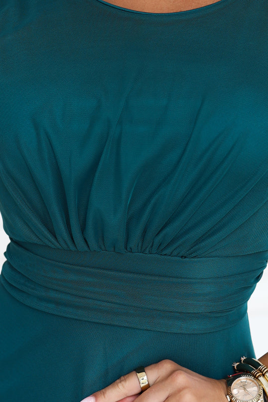 Bottle Green Tulle Maxi Dress with Round Neckline – Elira