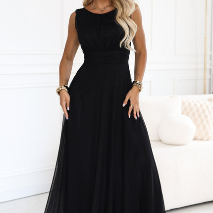 678-3 ELIRA Long tulle maxi dress with round neckline - black