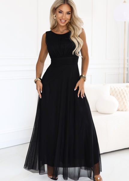 678-3 ELIRA Long tulle maxi dress with round neckline - black