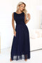 678-4 ELIRA Long tulle maxi dress with a round neckline - navy blue