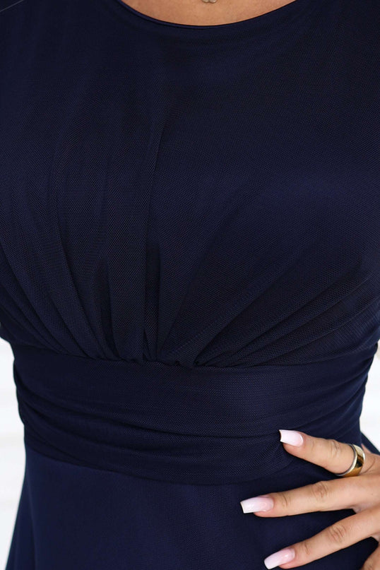 678-4 ELIRA Long tulle maxi dress with a round neckline - navy blue