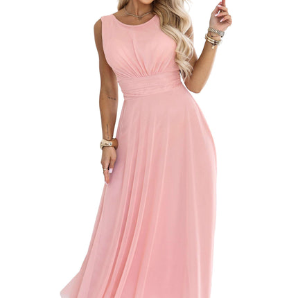678-5 ELIRA Long tulle maxi dress with a round neckline - powder pink
