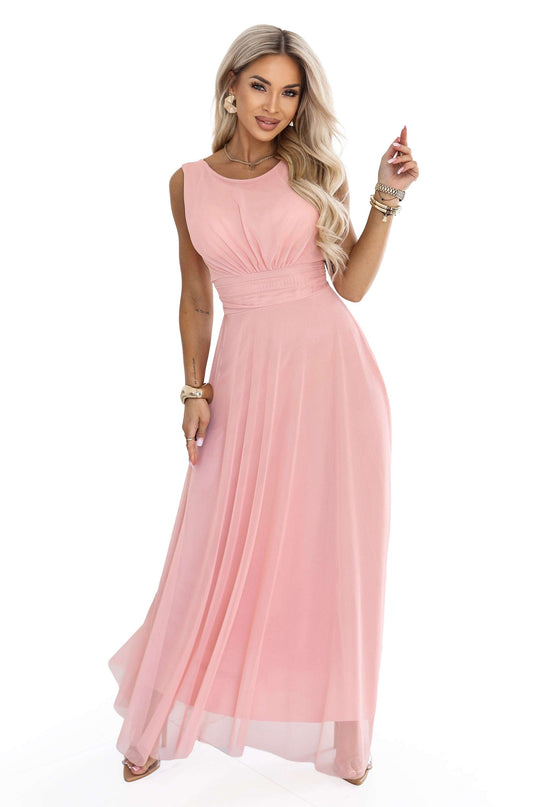 678-5 ELIRA Long tulle maxi dress with a round neckline - powder pink