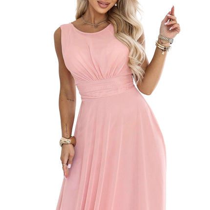 678-5 ELIRA Long tulle maxi dress with a round neckline - powder pink