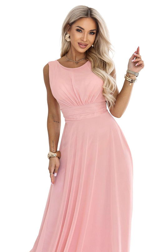 678-5 ELIRA Long tulle maxi dress with a round neckline - powder pink