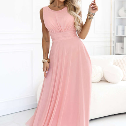 678-5 ELIRA Long tulle maxi dress with a round neckline - powder pink