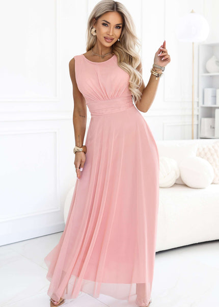 678-5 ELIRA Long tulle maxi dress with a round neckline - powder pink
