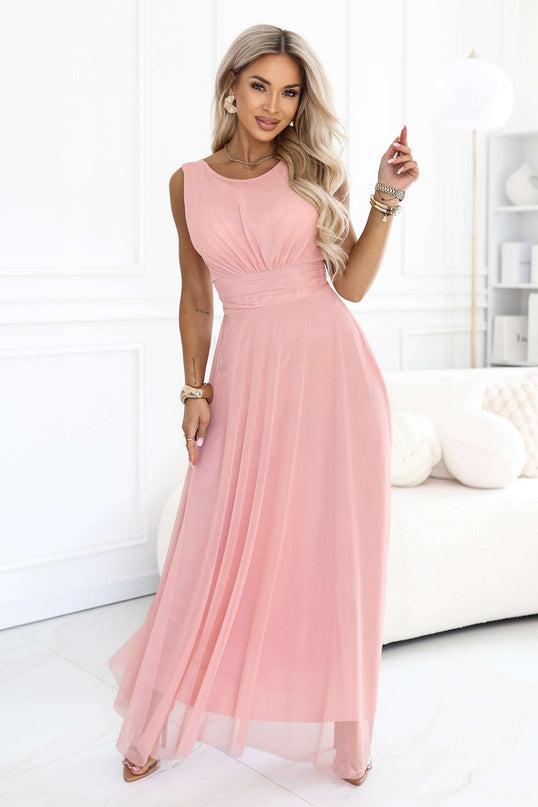 678-5 ELIRA Long tulle maxi dress with a round neckline - powder pink