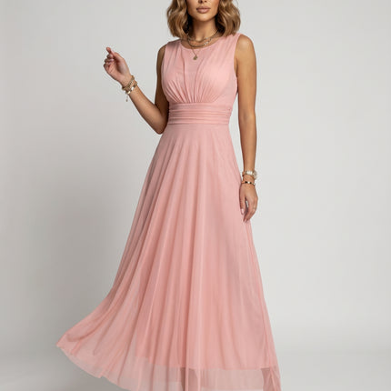 678-5 ELIRA Long tulle maxi dress with a round neckline - powder pink