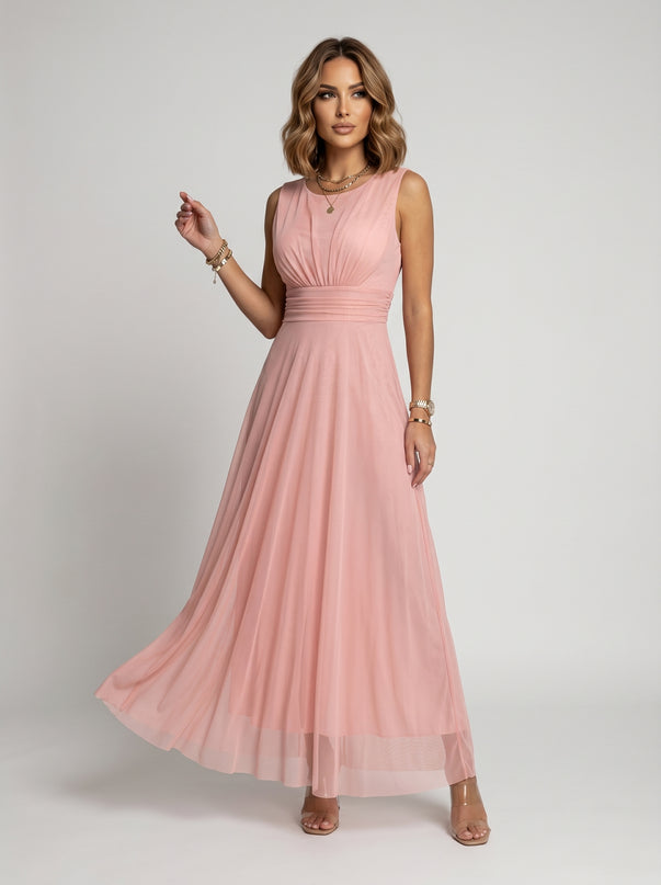 678-5 ELIRA Long tulle maxi dress with a round neckline - powder pink